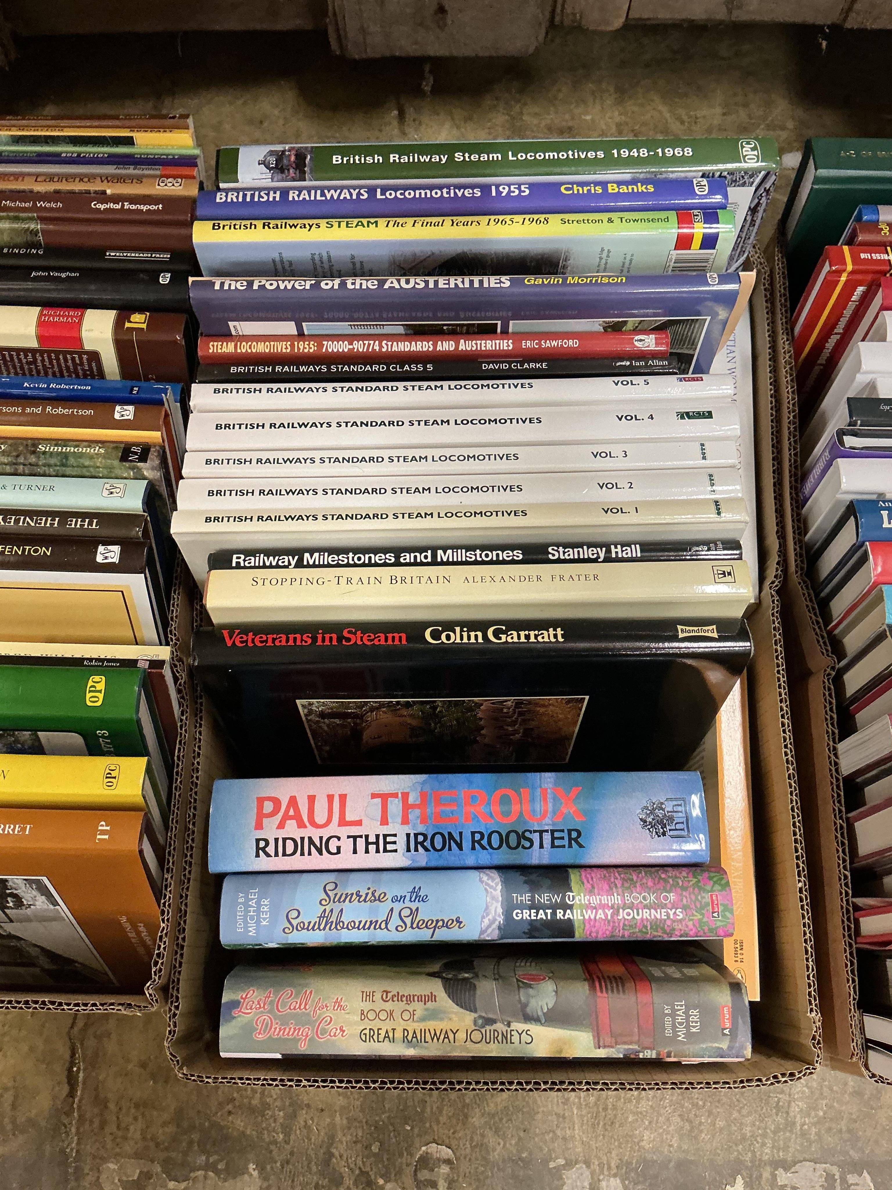Three boxes of railway related books, subjects include; British Railways Standard Steam Locomotives, the Power of the Austerities, the Stanier Pacifics, LMS locomotives, Swindon Engineman, Great Western Signalling, etc.,